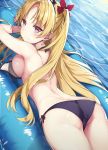  alternate_costume ass bangs bikini blonde_hair blush breast_press breasts commentary_request contemporary cowboy_shot earrings ereshkigal_(fate/grand_order) eyebrows_visible_through_hair fate/grand_order fate_(series) from_behind hoop_earrings jewelry looking_at_viewer lying on_stomach parted_bangs purple_bikini red_ribbon ribbon sakimiya_mafu side-tie_bikini solo swimsuit tiara two_side_up untied untied_bikini water 