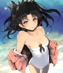  bangs bare_shoulders black_bow black_hair blush bow breasts casual_one-piece_swimsuit cleavage collarbone commentary_request covered_navel cowboy_shot day diffraction_spikes drawstring earrings eyebrows_visible_through_hair fate/grand_order fate_(series) floating_hair fur-trimmed_jacket fur_trim hair_bow highres hoop_earrings ishtar_(fate/grand_order) ishtar_(swimsuit_rider)_(fate) jacket jewelry long_hair long_sleeves looking_at_viewer off_shoulder one-piece_swimsuit open_clothes open_jacket outdoors parted_bangs parted_lips pink_jacket red_eyes small_breasts smile solo standing strapless strapless_swimsuit swimsuit tiara two_side_up venomrobo water white_swimsuit 