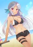  :d arm_behind_back azur_lane bad_id bad_pixiv_id bangs bare_shoulders bikini_top black_bikini_top black_choker black_shorts blue_sky blush breasts choker cleavage cloud collarbone dark_skin day drink drinking_straw eyebrows_visible_through_hair facial_mark feathers forehead_mark hair_feathers halter_top halterneck head_tilt highres lens_flare long_hair looking_at_viewer massachusetts_(azur_lane) medium_breasts native_american navel open_fly open_mouth outdoors parted_bangs pyonko_(pyonko_pyonko) shorts silver_hair sky smile solo straight_hair thigh_strap 