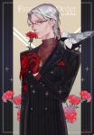  animal animal_on_shoulder antonio_salieri_(fate/grand_order) bird bird_on_shoulder carnation clothed_animal commentary_request cowboy_shot crow double-breasted fate/grand_order fate_(series) flower formal gem glasses gloves grey_hair holding holding_flower jewelry long_sleeves looking_at_viewer necklace pinstripe_suit red_eyes red_flower red_gloves sara_(kurome1127) silver_hair striped suit vertical_stripes 