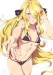  bikini black_bikini blonde_hair blush breasts cameltoe covered_nipples cowboy_shot gorudazo grey_eyes hair_ornament hair_over_one_eye hand_in_hair highres long_hair looking_at_viewer medium_breasts navel outstretched_arm pokemon pokemon_(game) pokemon_dppt reaching_out shirona_(pokemon) simple_background smile solo stomach swimsuit underboob very_long_hair white_background 