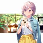  alternate_costume blouse blurry blurry_background blush bokeh casual commentary_request contemporary cup depth_of_field earrings eyebrows_visible_through_hair fate/grand_order fate_(series) fingers_together hair_between_eyes haru_(hiyori-kohal) jacket_on_shoulders jewelry lavender_hair mash_kyrielight outside_border parted_lips purple_eyes short_hair skirt starbucks watch wristwatch 