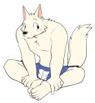  2018 anthro barefoot canine clothed clothing dog feet_together fur male mammal manmosu_marimo muscular muscular_male simple_background sitting solo topless white_background white_canine_(marimo) white_fur 