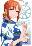  ahoge alternate_hairstyle bangs braid cup dated eating eyebrows_visible_through_hair food french_braid fruit hair_bun hair_ribbon half-closed_eyes happy_birthday highres holding holding_cup holding_spoon japanese_clothes kimono looking_at_viewer love_live! love_live!_sunshine!! obi orange orange_hair orange_slice red_eyes ribbon sash shaved_ice sidelocks smile solo spoon takami_chika upper_body yamaori_(yamaorimon) yellow_ribbon 