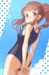  :o arms_behind_back ass bad_id bad_pixiv_id bangs bare_arms bare_shoulders blue_sky blue_swimsuit blush breasts brown_eyes brown_hair commentary_request cowboy_shot day eyebrows_visible_through_hair from_behind idolmaster idolmaster_cinderella_girls light_rays long_hair looking_at_viewer looking_back mashou_boy ogata_chieri one-piece_swimsuit open_mouth outdoors own_hands_together polka_dot side_ponytail sidelocks sky small_breasts solo sparkle sunbeam sunlight swimsuit 