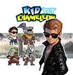  armor ben_fiquet black_jacket brown_hair chibi commentary denim hair_slicked_back jacket jeans kid_chameleon kid_chameleon_(game) knight leather leather_jacket logo looking_at_viewer male_focus multiple_boys pants samurai shoes sneakers spiked_helmet sunglasses tail 