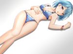  :p ahoge bare_arms bare_legs bare_shoulders bikini blue_bikini blue_eyes blue_hair blush breasts cleavage commentary_request eyebrows_visible_through_hair feet_out_of_frame gradient gradient_background grey_background groin hair_between_eyes hand_on_own_stomach hand_up heterochromia looking_at_viewer lying medium_breasts navel on_back on_stomach red_eyes santarou shadow short_hair smile solo stomach swimsuit tatara_kogasa thighs tongue tongue_out touhou white_background 