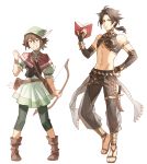  1girl absurdres adonis_belt alternate_costume armlet black_hair book boots bow bracelet brown_hair crop_top cyrus_(octopath_traveler) full_body green_eyes grin hand_on_hip highres holding holding_weapon jewelry octopath_traveler quiver sandals see-through simple_background smile tecchen tressa_(octopath_traveler) weapon white_background 
