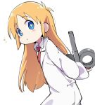  arms_behind_back blue_eyes cowboy_shot eyebrows_visible_through_hair from_side ixy labcoat long_hair long_sleeves looking_at_viewer necktie nichijou orange_hair professor_shinonome red_neckwear simple_background solo tareme white_background winding_key 