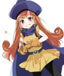  alena_(dq4) bangs belt black_legwear blue_cape blue_hat blunt_bangs blush cape clenched_teeth curly_hair dragon_quest dragon_quest_iv earrings eyebrows_visible_through_hair gloves hat ixy jewelry long_hair looking_at_viewer orange_gloves orange_hair pantyhose red_eyes simple_background skirt smile solo star teeth white_background yellow_skirt 