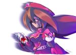  1girl adapted_costume android beret blood breasts brown_hair capcom corruption dark_persona dress facial_mark female gloves glowing glowing_eye hat iris_(rockman_x) long_hair looking_at_viewer looking_to_the_side medium_breasts military_hat profile purple_eyes rockman rockman_x rockman_x4 shaded_face simple_background solo tomycase upper_body white_background white_gloves 