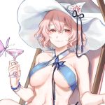  :3 alternate_costume bad_id bad_twitter_id beach_chair blush breasts bug butterfly cocktail_glass criss-cross_halter cup drinking_glass eyebrows_visible_through_hair hair_between_eyes halterneck hat highres insect large_breasts looking_at_viewer navel pink_eyes pink_hair saigyouji_yuyuko shan short_hair smile solo swimsuit touhou upper_body white_background 
