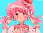 :o artist_name bad_id bad_twitter_id bang_dream! bangs blue_background blush bow bowtie commentary_request earrings eyebrows_visible_through_hair food gloves hands_up hat hat_ribbon holding holding_hair jewelry looking_at_viewer macaron maruyama_aya pink_eyes pink_hair pink_neckwear red_hat ribbon ribbon-trimmed_gloves ribbon_trim sidelocks simple_background solo striped striped_neckwear twintails upper_body wata_yuki 