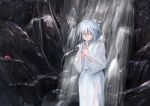  alternate_costume closed_eyes feet_out_of_frame hat hat_removed headwear_removed ichiba_youichi inubashiri_momiji japanese_clothes kimono long_sleeves meditation own_hands_together palms_together rock see-through short_hair silver_hair solo standing tokin_hat touhou water waterfall wet wet_clothes wet_kimono white_kimono wide_sleeves 