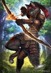  2018 amenlona anthro armor arrow barefoot black_fur black_hair black_nose blue_eyes bow_(weapon) canine clothed clothing day detailed_background digital_media_(artwork) digitigrade dog female fur grass hair mammal outside ranged_weapon red_hair solo weapon 