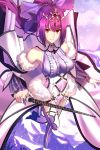  bangs bare_shoulders boots breasts brooch capelet choker commentary detached_sleeves dress fate/grand_order fate_(series) forehead_jewel frills fur_trim hair_between_eyes hair_ribbon high_heel_boots high_heels highres jewelry large_breasts long_hair looking_at_viewer ponytail purple_dress purple_hair purple_ribbon red_eyes ribbon scathach_(fate)_(all) scathach_skadi_(fate/grand_order) shiguru smile solo thigh_boots thighhighs tiara wand 
