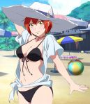  1girl ae-3803 arm_behind_head beach beach_ball bikini black_bikini blue_shirt blush breasts hat hataraku_saibou large_breasts looking_at_viewer red_hair ribbons shirt short_hair standing sun_hat swimsuit umbrellas white_hat yellow_eyes 