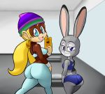  2018 anthro big_butt blonde_hair bra breasts butt clothed clothing disney donkey_kong_(series) duo ear_piercing female fully_clothed hair half-closed_eyes hat hi_res holding_object holding_phone judy_hopps kong lagomorph legs_together long_hair looking_at_viewer looking_back mammal monkey nintendo open_mouth open_smile pants phone piercing primate rabbit rear_view shirt shorts smile sports_bra standing tank_top tansau thin_waist tight_clothing tiny_kong underwear video_games wide_stance zootopia 