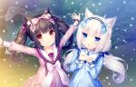  :3 ^_^ animal_ears arms_up black_hair blue_eyes blush bow brown_eyes cat_ears chocola_(sayori) closed_eyes closed_mouth dress eyebrows_visible_through_hair game_cg hair_bow hairband highres long_hair looking_at_viewer multiple_girls nekopara non-web_source open_mouth outdoors outstretched_arms sayori smile snow spread_arms twintails vanilla_(sayori) white_hair 