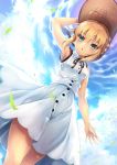 :o ahoge alternate_costume arm_at_side armpits artoria_pendragon_(all) bare_arms blonde_hair braid casual cloud cloudy_sky commentary_request contemporary day dress dutch_angle eyebrows_visible_through_hair eyes_visible_through_hair fate/grand_order fate_(series) french_braid from_below green_eyes hair_bun hand_on_headwear hat highleg highleg_dress highres looking_at_viewer open_mouth saber samoore sidelocks sky sleeveless sleeveless_dress solo sun_hat white_dress wind 