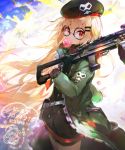  bangs beret black-framed_eyewear black_hat black_shirt blonde_hair bubble_blowing chewing_gum commentary_request eyebrows_visible_through_hair girls_frontline glasses green_jacket gun hair_between_eyes hair_ornament hairclip hat holding holding_gun holding_weapon jacket long_hair long_sleeves looking_at_viewer namie-kun object_namesake open_clothes open_jacket over_shoulder red_eyes round_eyewear shirt signature skull_print sleeves_past_wrists solo translation_request type_80 type_80_(girls_frontline) v-shaped_eyebrows very_long_hair weapon weapon_over_shoulder 