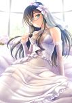  aqua_eyes areola_slip areolae bare_shoulders bed_sheet black_hair breasts bridal_veil bride commentary_request criss-cross_halter dress elbow_gloves floral_print gloves hairband halterneck highleg highleg_panties kantai_collection lips long_dress long_hair looking_at_viewer nipple_slip nipples ooyodo_(kantai_collection) panties parted_lips ryu-akt see-through sitting small_breasts solo strap_pull underwear veil wedding_dress white_dress white_panties 