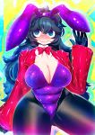  1girl animal_ears black_hair blue_eyes blush breasts bunny_ears bunnysuit cleavage coat curvy hakkasame hex_maniac_(pokemon) large_breasts long_hair npc_trainer plump pokemon pokemon_(game) pokemon_xy smile solo thick_thighs thighs wide_hips 