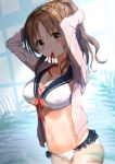  adjusting_hair arms_behind_head bangs bikini blush breasts brown_eyes brown_hair cleavage commentary_request covered_nipples cowboy_shot crop_top front-tie_top hair_ornament hair_scrunchie heart heart_necklace highres idolmaster idolmaster_cinderella_girls kuria_(clear_trip_second) large_breasts looking_at_viewer mouth_hold navel parted_bangs plant ponytail sailor_collar scrunchie solo stomach swimsuit totoki_airi underboob_cutout water wavy_hair white_bikini 