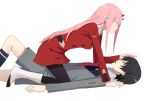  1boy 1girl bangs black_hair black_legwear blue_eyes boots breasts commentary couple darling_in_the_franxx girl_on_top green_eyes hair_ornament hairband hand_on_another&#039;s_head hetero highres hiro_(darling_in_the_franxx) horns kenkaizar long_hair long_sleeves looking_at_another lying military military_uniform necktie on_back oni_horns pantyhose pink_hair red_horns red_neckwear socks straddling uniform white_footwear white_hairband zero_two_(darling_in_the_franxx) 