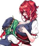  :d blue_dress blue_hat blue_vest blush bow breast_smother breasts cleavage commentary_request dress eyebrows_visible_through_hair from_side glomp green_hair hat hat_bow highres hug huge_breasts looking_at_another mappe_(778exceed) motorboating multiple_girls onozuka_komachi open_mouth profile puffy_short_sleeves puffy_sleeves red_bow red_eyes red_hair red_sash shiki_eiki shirt short_hair short_sleeves simple_background smile touhou two-tone_bow two_side_up upper_body vest white_background white_bow white_shirt yuri 