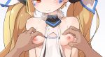  1girl :&gt; akaino_(akaomi) areolae arms_at_sides azur_lane bangs blonde_hair blush breast_grab breasts bright_pupils closed_mouth collarbone commentary_request eldridge_(azur_lane) embarrassed facial_mark fur_collar glowing grabbing half-closed_eyes hetero long_hair looking_at_viewer nipples pov red_eyes small_breasts solo_focus twintails upper_body very_long_hair 