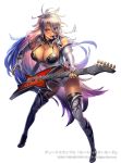  bangs bare_shoulders belt boots breasts buttons cleavage commentary_request copyright_name cuboon dark_skin elbow_gloves electric_guitar eyebrows_visible_through_hair fingerless_gloves full_body gloves guitar hair_over_one_eye highres holding instrument large_breasts lips long_hair midriff mouth_hold official_art plectrum purple_eyes shiny shiny_clothes shiny_skin short_shorts shorts silver_hair simple_background sleeveless solo thigh_boots thighhighs venus_rumble very_long_hair white_background white_footwear white_legwear 
