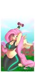  5_fingers anthro anthrofied big_breasts blue_sky blurred_background breasts clothed clothing cloud digital_drawing_(artwork) digital_media_(artwork) equine exercise eyelashes feathers female fence fluttershy_(mlp) friendship_is_magic fully_clothed fur grass hair hooves horse long_hair mammal mountain my_little_pony outside pink_hair raised_arm shadow sky slightly_chubby smile solo spaboofy sweat teal_eyes thick_thighs watermark weightlifting wings workout wristband yellow_fur 