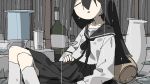  1girl black_hair bucket eyes_closed long_hair original rain sailor_uniform tsukumizu_yuu water wet 