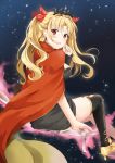  :d bangs black_dress black_legwear blonde_hair blush breasts cape commentary_request dress ereshkigal_(fate/grand_order) fate/grand_order fate_(series) hair_ribbon highres large_breasts long_hair looking_at_viewer looking_back multicolored multicolored_cape multicolored_clothes open_mouth parted_bangs pixiv_fate/grand_order_contest_2 red_cape red_eyes red_ribbon ribbon sidukisaika single_sleeve single_thighhigh smile solo thighhighs tiara two_side_up yellow_cape 