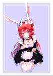  aak animal_ears apron black_dress blush brown_eyes bunny_ears commentary_request detached_collar dress dungeon_and_fighter garter_straps highres long_hair mage_(dungeon_and_fighter) maid maid_headdress pointy_ears red_hair sitting solo thighhighs waist_apron white_legwear 
