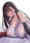  1girl bare_shoulders black_hair breast_rest breasts cleavage earrings erect_nipples final_fantasy final_fantasy_vii gloves head_tilt huge_breasts jewelry long_hair looking_at_viewer nagase_haruhito orange_eyes parted_lips see-through shirt suspenders sweat tank_top tifa_lockhart upper_body wet wet_clothes wet_shirt wet_t-shirt 