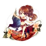  bangle bangs bare_shoulders bird bracelet breasts brown_hair chibi dancer dextral earrings flower full_body hoop_earrings jewelry long_skirt medium_breasts navel neck_ring no_nose octopath_traveler outstretched_arms pelvic_curtain pink_eyes pink_flower ponytail primrose_azelhart red_skirt sandals skirt solo yellow_flower 