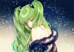  2018 alternate_hairstyle bangs blush c.c. code_geass covered_mouth creayus eyebrows_visible_through_hair fur_trim green_hair long_hair looking_at_viewer m no_bra off_shoulder petals solo twintails upper_body yellow_eyes 