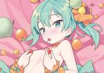  bare_shoulders blade_(galaxist) blue_eyes blue_hair blush breasts cherry choker covering_nipples food fruit grapes hair_ornament hands_up holding lemon looking_at_viewer lying mandarin_orange melon melonbooks mouth_hold nude orange orange_choker original short_hair small_breasts solo strawberry upper_body wristband 