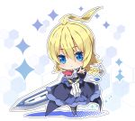  ahoge bangs black_legwear blazblue blonde_hair blue_dress blue_eyes blue_footwear blush boots braid breasts chibi closed_mouth commentary dress es_(xblaze) eyebrows_visible_through_hair hair_between_eyes holding holding_sword holding_weapon huge_ahoge huge_weapon large_breasts long_hair long_sleeves looking_at_viewer milkpanda outstretched_arm pantyhose single_braid solo sparkle standing sword very_long_hair weapon wide_sleeves xblaze 