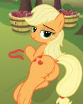  2015 anus apple applejack_(mlp) bedroom_eyes butt clitoris dock earth_pony equine female feral food friendship_is_magic fruit half-closed_eyes hi_res horse looking_at_viewer looking_back mammal my_little_pony outside pony puffy_anus pussy pussy_juice seductive shutterflyeqd smile solo 