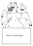 2018 amelia_abernachy anthro avian beak bird black_feathers black_sclera breast_expansion breasts dialogue english_text eyewear feathered_wings feathers female glasses inverted_nipples nipples nude owl pashoo potion simple_background slightly_chubby snowy_owl solo text white_feathers wide_hips wings 