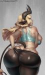  animal_ears artist_name ass backboob bare_shoulders blonde_hair blue_eyes braid breast_hold breasts cow_ears cow_girl cow_tail cutesexyrobutts dark_skin deep_skin grey_background highres horns huge_ass large_breasts long_hair mature original signature skindentation solo tail tank_top thick_thighs thighs thong twin_braids 