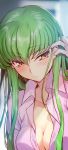  bandaid bandaid_on_finger blush breasts c.c. cleavage code_geass collared_shirt creayus eyebrows_visible_through_hair green_hair hair_between_eyes hair_tucking hand_up highres large_breasts long_hair naked_shirt pink_shirt popped_collar shirt solo upper_body wing_collar yellow_eyes 