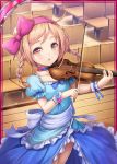  akkijin blue_dress blue_ribbon bow_(instrument) braid brown_eyes brown_hair card_(medium) chair collarbone dress flower hair_ribbon indoors instrument music official_art pink_flower pink_ribbon pink_rose playing_instrument ribbed_dress ribbon rose shinkai_no_valkyrie solo twin_braids violin 