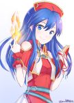  belt blue_eyes blue_hair book bracelet closed_mouth commentary dress fire fire_emblem fire_emblem:_fuuin_no_tsurugi grimmelsdathird hat highres holding holding_book jewelry lilina long_hair red_hat simple_background smile solo twitter_username white_background 
