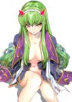 bangs breasts c.c. cleavage closed_mouth code_geass convenient_leg cosplay creayus darling_in_the_franxx eyebrows_visible_through_hair from_above green_hair hairband horns jacket knees_up long_hair long_sleeves looking_at_viewer medium_breasts naked_coat nude pun shiny shiny_hair sidelocks simple_background sitting smile solo tsurime white_background yellow_eyes zero_(code_geass) zero_(code_geass)_(cosplay) zero_two_(darling_in_the_franxx) zero_two_(darling_in_the_franxx)_(cosplay) 