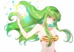  bare_shoulders bikini breasts c.c. cleavage code_geass cosplay creayus eyebrows_visible_through_hair floating_hair green_hair hand_up long_hair looking_at_viewer lum lum_(cosplay) medium_breasts parted_lips solo sparkle star striped striped_bikini swimsuit twitter_sparkles upper_body urusei_yatsura white_background yellow_eyes 
