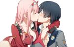  1boy 1girl black_hair blue_eyes blush breasts cleavage couple darling_in_the_franxx eyebrows_visible_through_hair eyes_closed face-to-face female hair_ornament hairband hand_on_another&#039;s_chest hetero hiro_(darling_in_the_franxx) horns kiss long_hair looking_at_another male military military_uniform necktie no_legwear oni_horns open_clothes orange_neckwear pink_hair red_horns red_neckwear short_hair sweatdrop toma_(norishio) uniform white_hair_ornament white_hairband zero_two_(darling_in_the_franxx) 